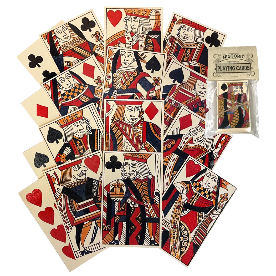 A set of 18th Century Colonial Playing Cards features vintage-style kings, queens, and jacks from each suit fanned out, with a deck labeled "18th Century Colonial Playing Cards" displayed in the upper right.
