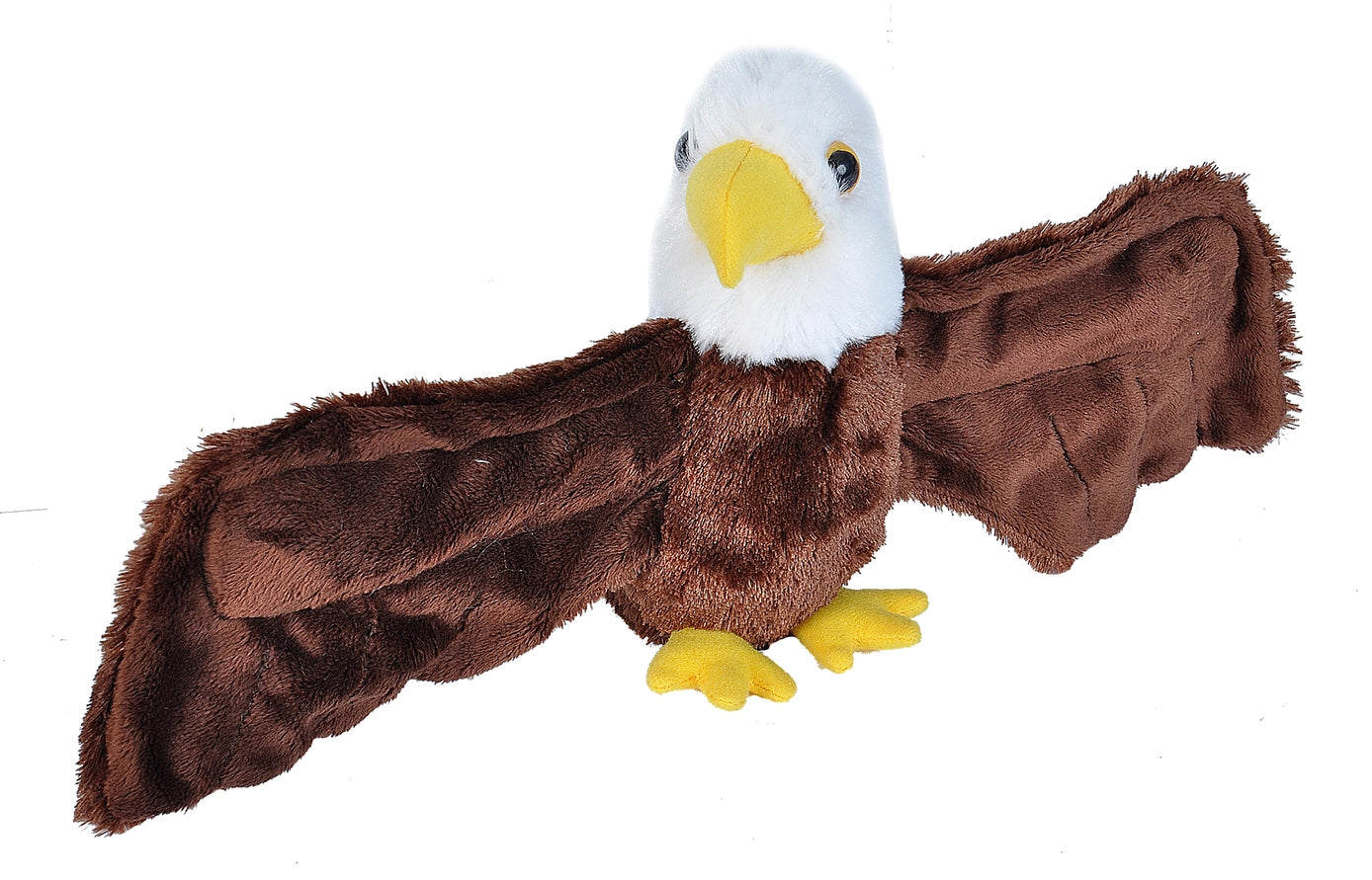 The Huggers Bald Eagle plush features a white head, yellow beak and feet, and brown body with wide-spread wings, shown against a white background.