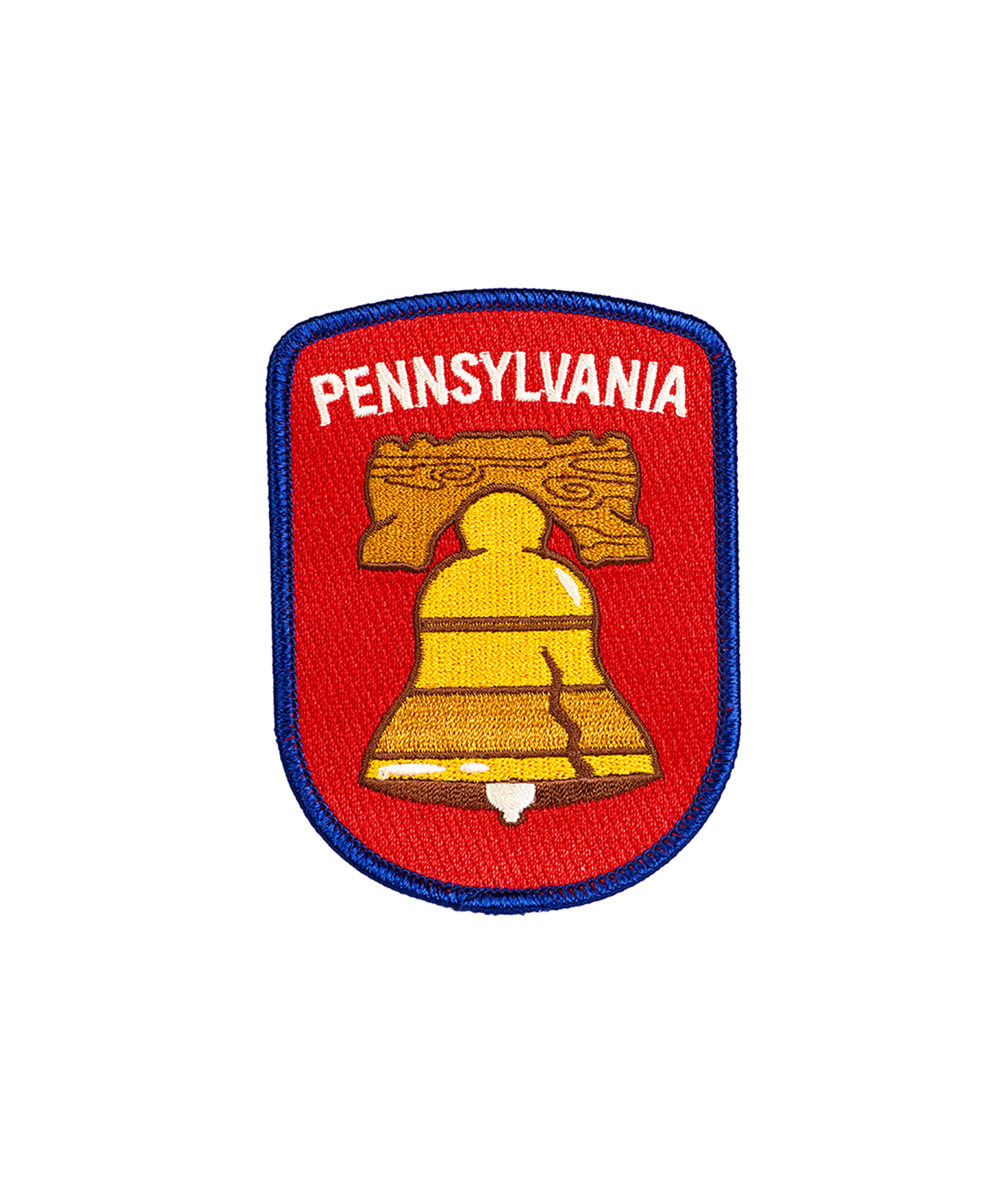 The Pennsylvania Embroidered Patch showcases a blue border and red background, with “PENNSYLVANIA” displayed at the top and a yellow Liberty Bell at the center. This vibrant patch is a colorful tribute to Pennsylvania’s rich history and iconic imagery.