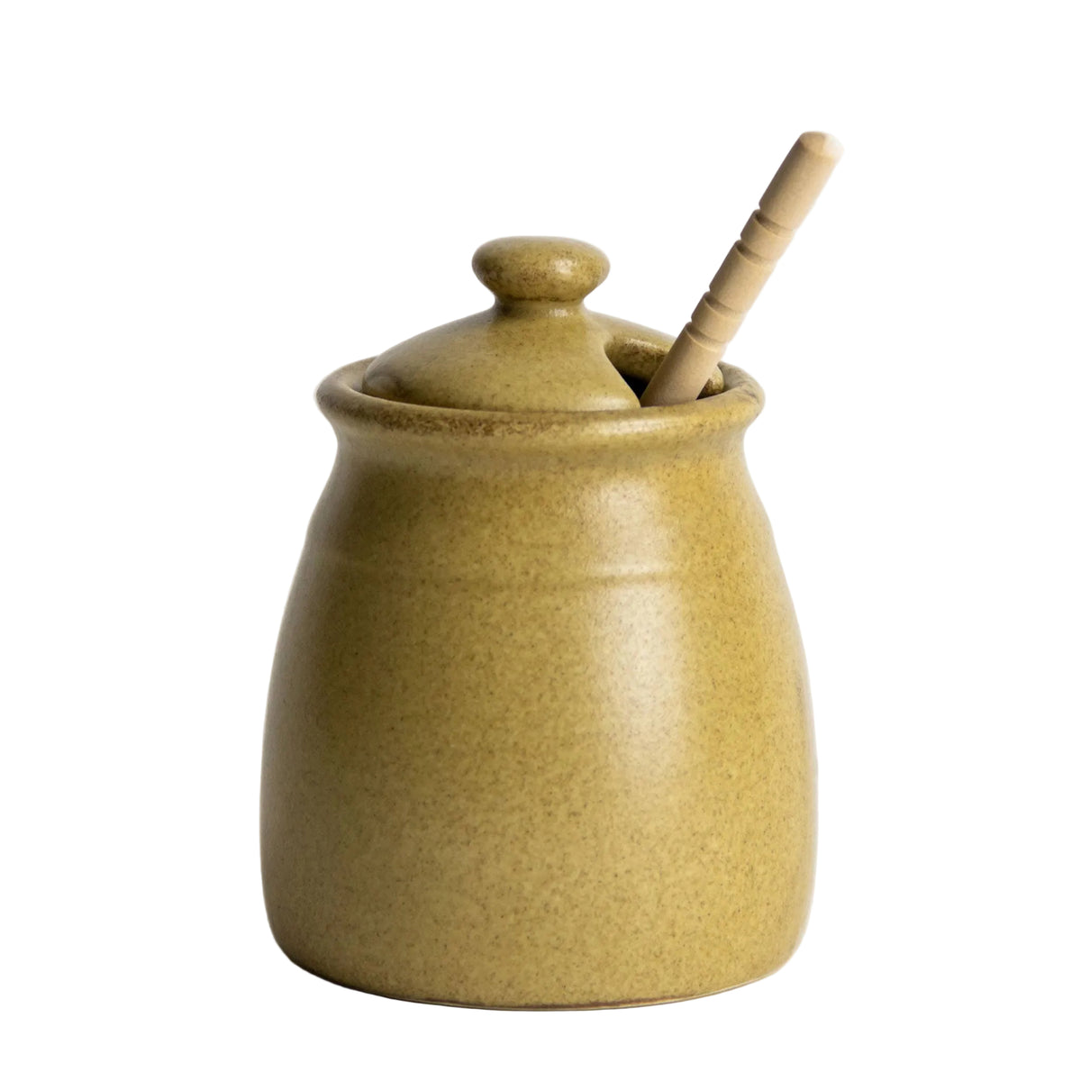 Handcrafted in Virginia, this olive-colored ceramic Honey Pot features a matching lid and a wooden honey dipper resting inside.