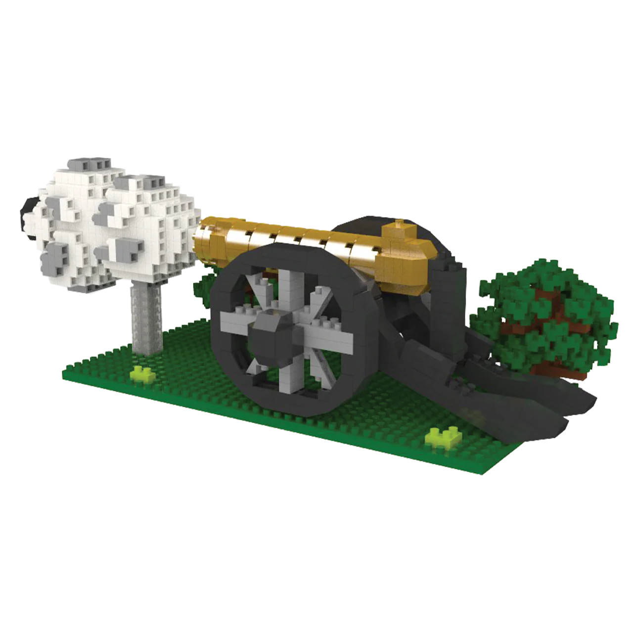 The Napoleon Cannon Mini Block set features a cannon on a green baseplate with cloud-like smoke and a brick-built shrub, ideal for model builders.