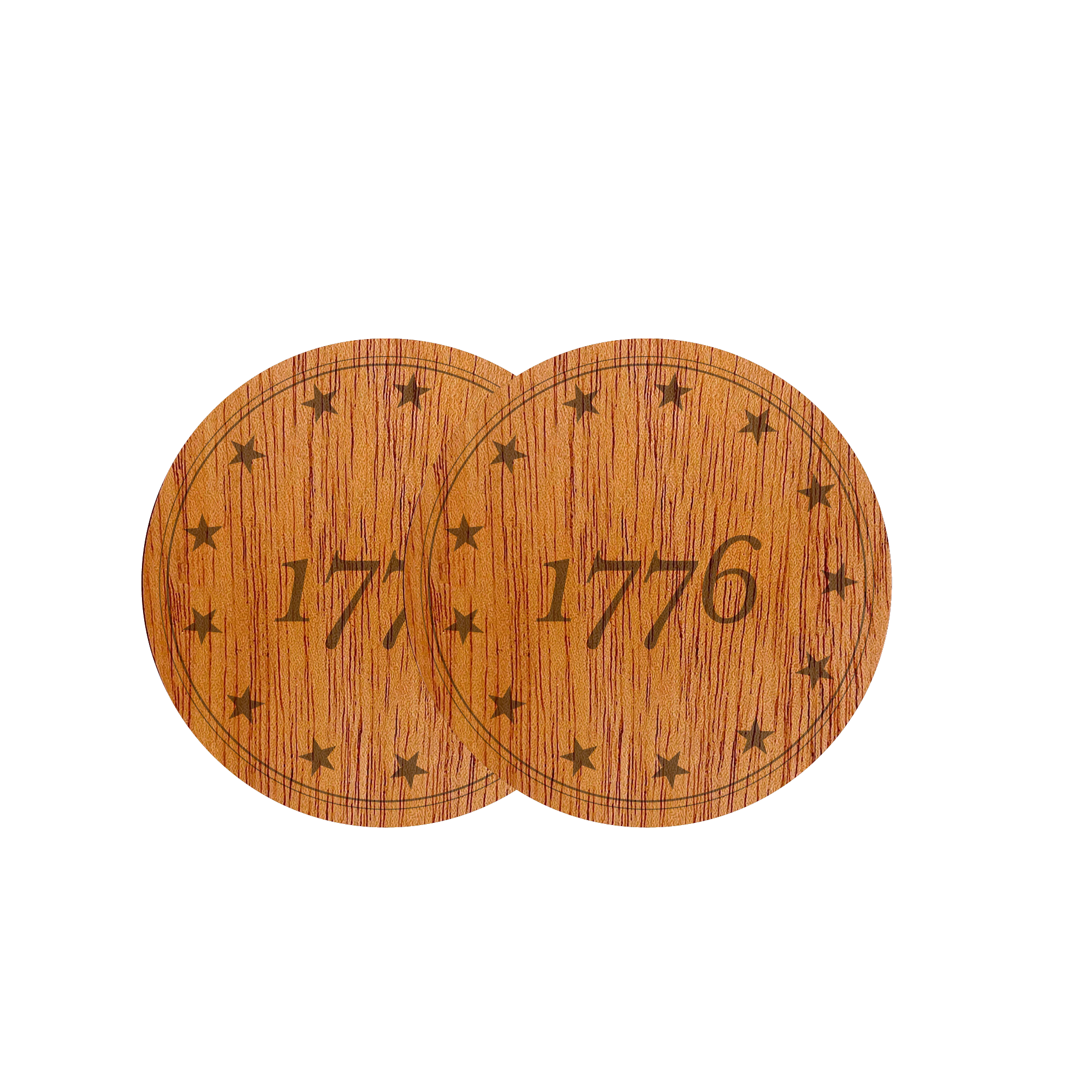 The 1776 Etched Wood Coasters feature overlapping natural wood designs, each engraved with "1776" and a circle of stars, celebrating America’s 250th anniversary.