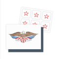Celebrate America at 250 with the Vintage American Eagle Mini Note Card Set—features an illustrated bald eagle with a 1776–2026 banner and includes a sheet of six red star stickers.