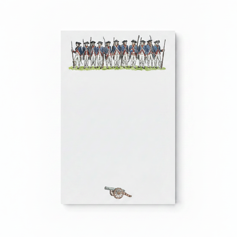 The Continental Army Soldiers Notepad showcases Revolutionary War soldiers in blue uniforms with rifles at the top and a small cannon below—a perfect historical stationery item to celebrate America 250.