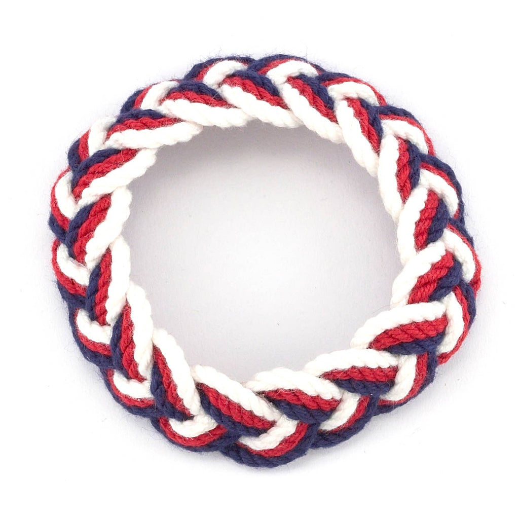 Red, White & Blue Sailor Knot Bracelet featuring a circular design woven from red, white, and blue nautical rope to celebrate maritime heritage.