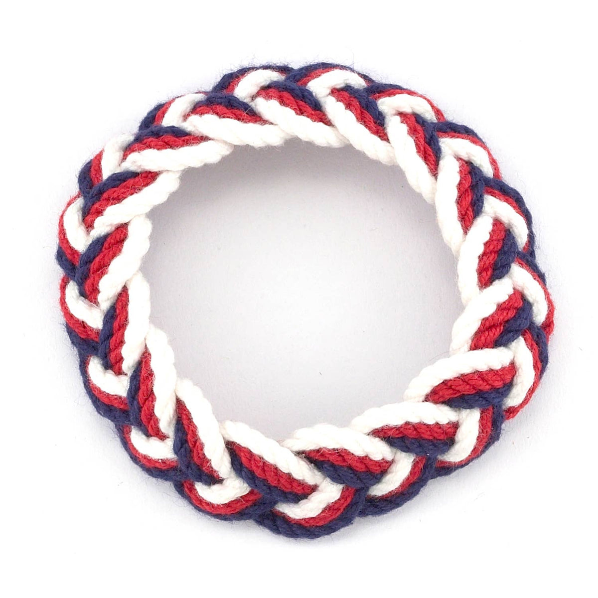 Red, White & Blue Sailor Knot Bracelet featuring a circular design woven from red, white, and blue nautical rope to celebrate maritime heritage.