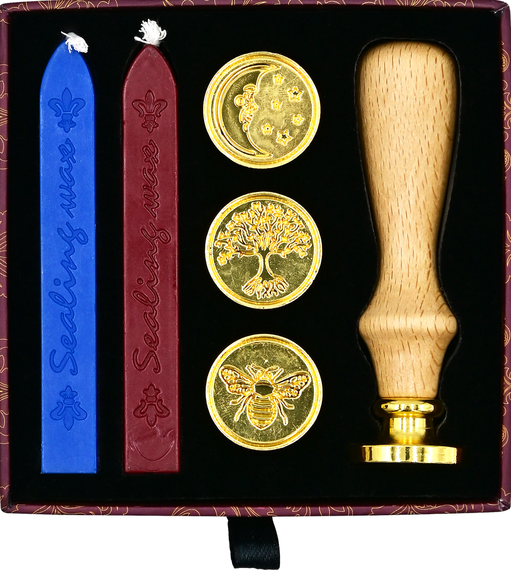 The Sealing Wax Stamp Kit includes two blue and two red wax sticks, three gold brass stamps (moon, tree, bee designs), and a wooden handle—everything needed for creating beautiful wax seals.