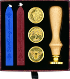 The Sealing Wax Stamp Kit includes two blue and two red wax sticks, three gold brass stamps (moon, tree, bee designs), and a wooden handle—everything needed for creating beautiful wax seals.
