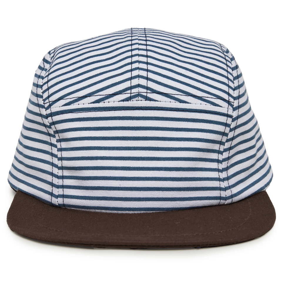 The Strped Camper Hat, Baby/Toddler is a stylish kids’ hat made from blue and white striped cotton, featuring a flat, dark brown brim. Shown from the front against a white background, this camper hat includes an adjustable snapback for a comfortable fit.