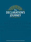 Publication cover titled "The Declaration's Journey" features a blue background, bold white text, a gold sunburst above, and faint Declaration of Independence text.