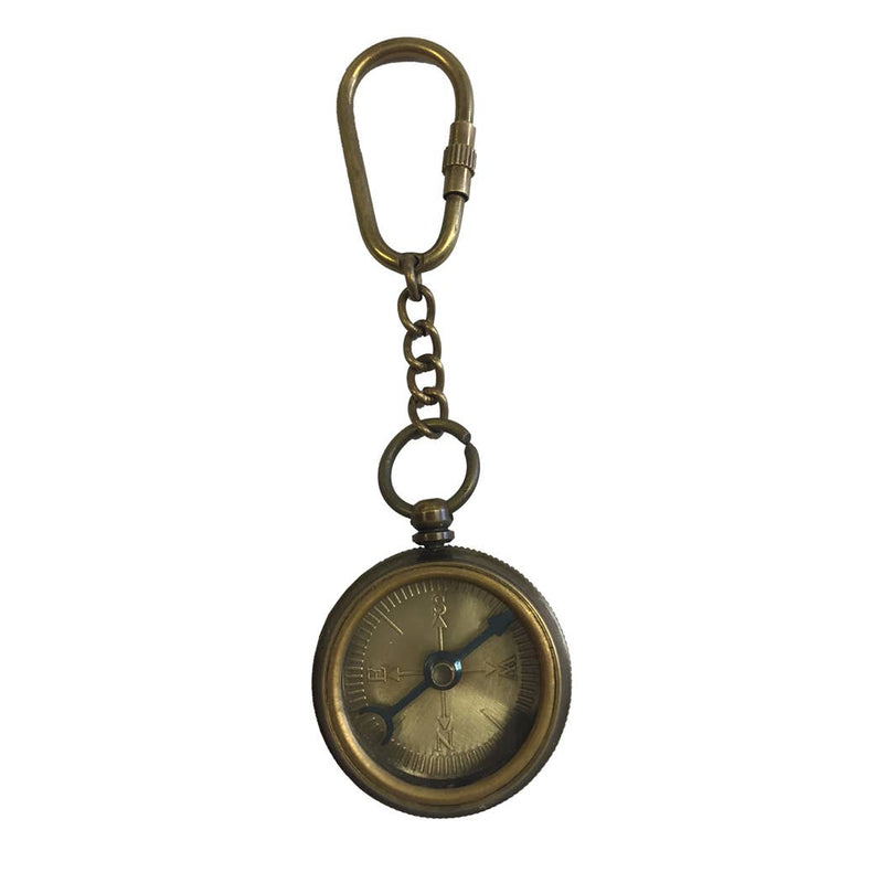 The Antiqued Brass Compass Keychain features a round vintage-style brass compass with engraved direction markings, attached to a loop and chain. The metallic finish is showcased against a white background.