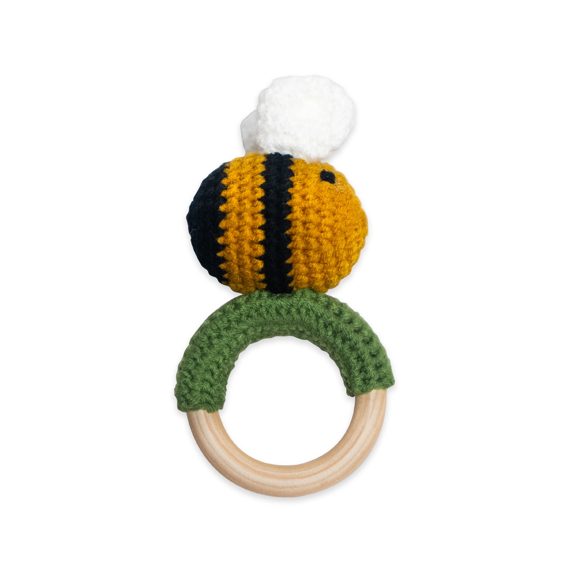 The Hand Crochet Rattle features a charming black and yellow striped bee attached to a green crocheted cover on a wooden teething ring, crafted from soft organic cotton baby toy materials and displayed on a white background.