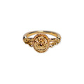 Gold Bee Ring: A gold-plated brass ring showcasing an oval-shaped centerpiece engraved with a bee design, flanked by delicate decorative accents on both sides—perfect as a unique stacking ring.