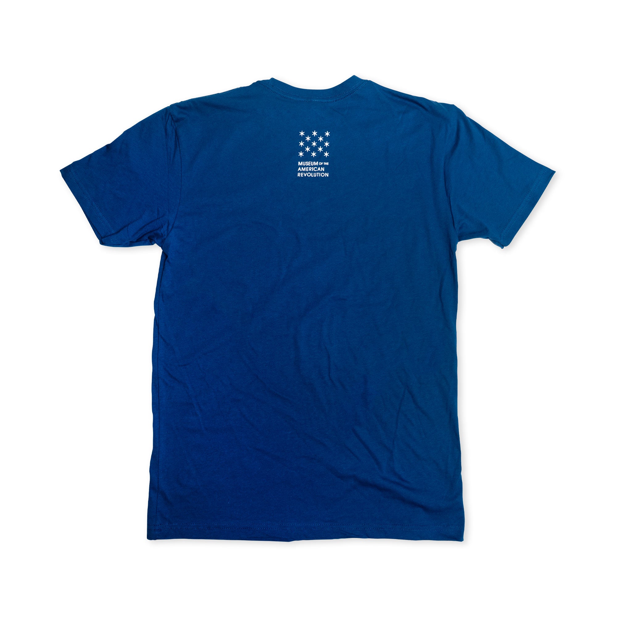 Well-Behaved Women T-Shirt in blue, short-sleeve, displayed from the back on a white background. Features a small white graphic near the top with stars above the words “American Revolution.”.
