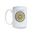 Chain of States Mug—white ceramic coffee mug featuring the Museum of the American Revolution’s circular gold emblem with “WE ARE ONE” at its center, surrounded by linked chain-like designs and inspiring mottoes; a perfect addition for any American history enthusiast.