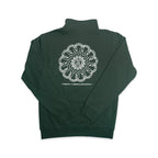 A dark green Chain of States Quarter Zip Sweatshirt featuring a circular white graphic and text on the back, reading “We the People,” surrounded by decorative elements. Below the circle: Museum of the American Revolution. Perfect for those seeking American unity clothing inspired by colonial history apparel.