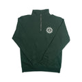 The Chain of States Quarter Zip Sweatshirt is a dark green quarter-zip with a zipper at the collar. A white sunburst design with the words WE ARE ONE appears on the left chest, reflecting themes of American unity and colonial history. Laid flat on a white background, this standout piece is ideal for anyone interested in historic-inspired apparel.