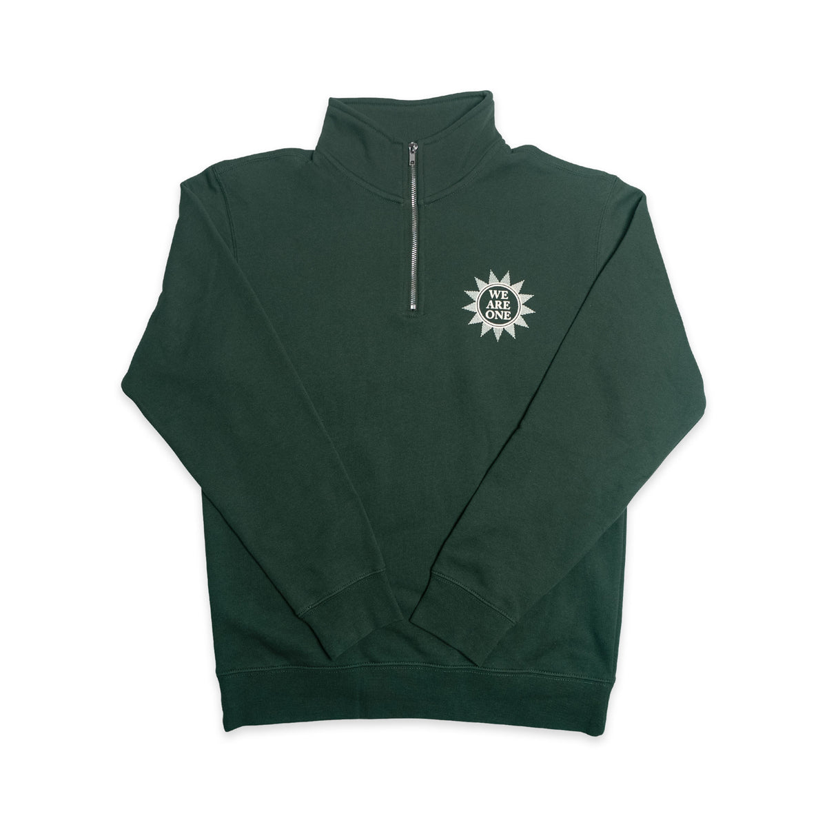 The Chain of States Quarter Zip Sweatshirt is a dark green quarter-zip with a zipper at the collar. A white sunburst design with the words WE ARE ONE appears on the left chest, reflecting themes of American unity and colonial history. Laid flat on a white background, this standout piece is ideal for anyone interested in historic-inspired apparel.