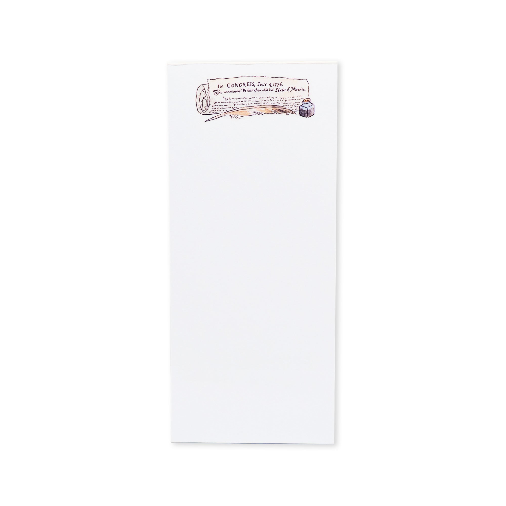 Introducing the Declaration of Independence Notepad—a classic white notepad featuring a small watercolor illustration of a wine cork, bottle, and handwritten text at the top. Inspired by timeless patriotic stationery, this notepad provides ample blank space for all your writing needs.