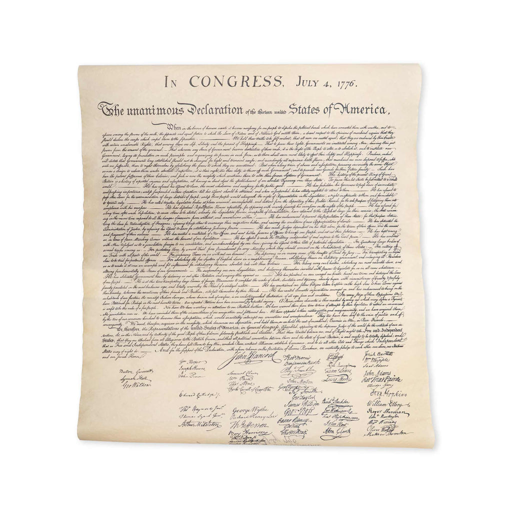 The Declaration of Independence Large Replica is a parchment paper copy of the United States Declaration of Independence, showcasing dense handwritten text and signatures at the bottom—an essential addition to any patriotic collection.