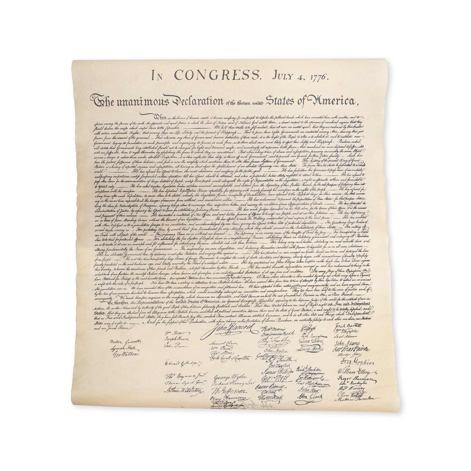 The Declaration of Independence Large Replica is a parchment paper copy of the United States Declaration of Independence, showcasing dense handwritten text and signatures at the bottom—an essential addition to any patriotic collection.