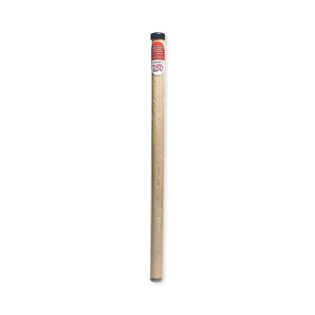 A large replica of the Declaration of Independence, featuring a red and white label on top, stands vertically against a plain white background, evoking classic patriotic colors.