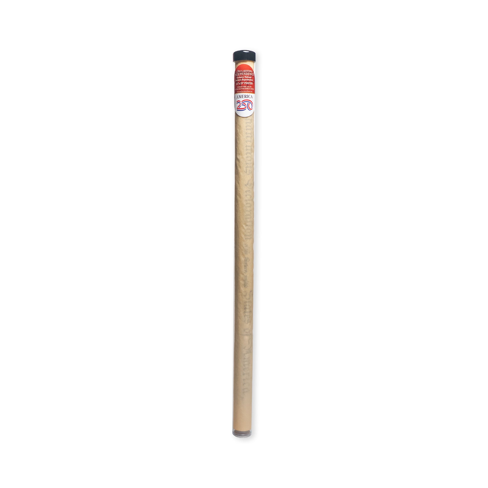 A large replica of the Declaration of Independence, featuring a red and white label on top, stands vertically against a plain white background, evoking classic patriotic colors.