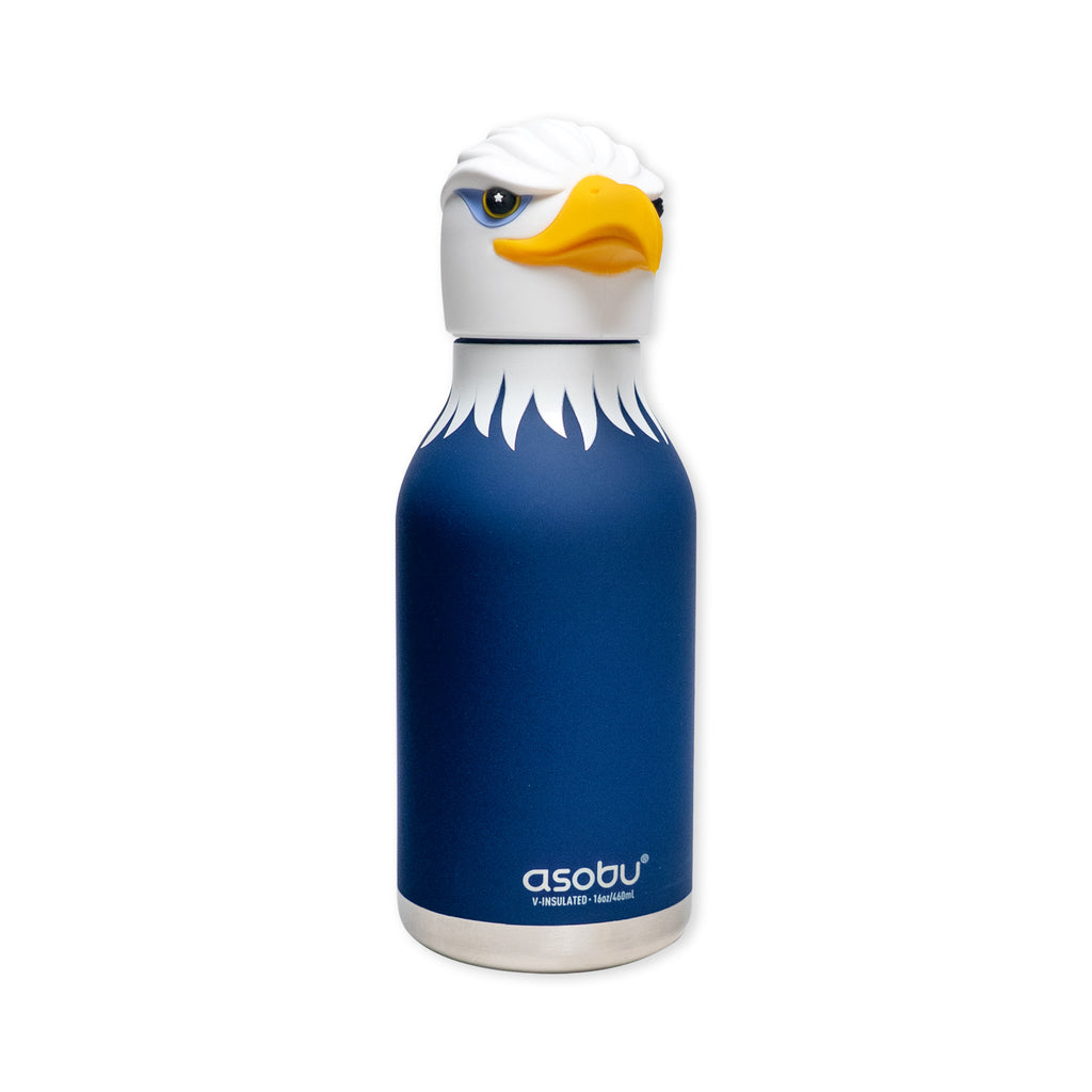 Introducing the Eagle Water Bottle—a stainless steel, double-wall vacuum insulated bottle in blue. Its cap is designed to resemble a bald eagle's head, complete with a yellow beak and white feathers. The asobu brand name appears near the bottom of the bottle.