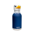 Introducing the Eagle Water Bottle—a stainless steel, double-wall vacuum insulated bottle in blue. Its cap is designed to resemble a bald eagle's head, complete with a yellow beak and white feathers. The asobu brand name appears near the bottom of the bottle.