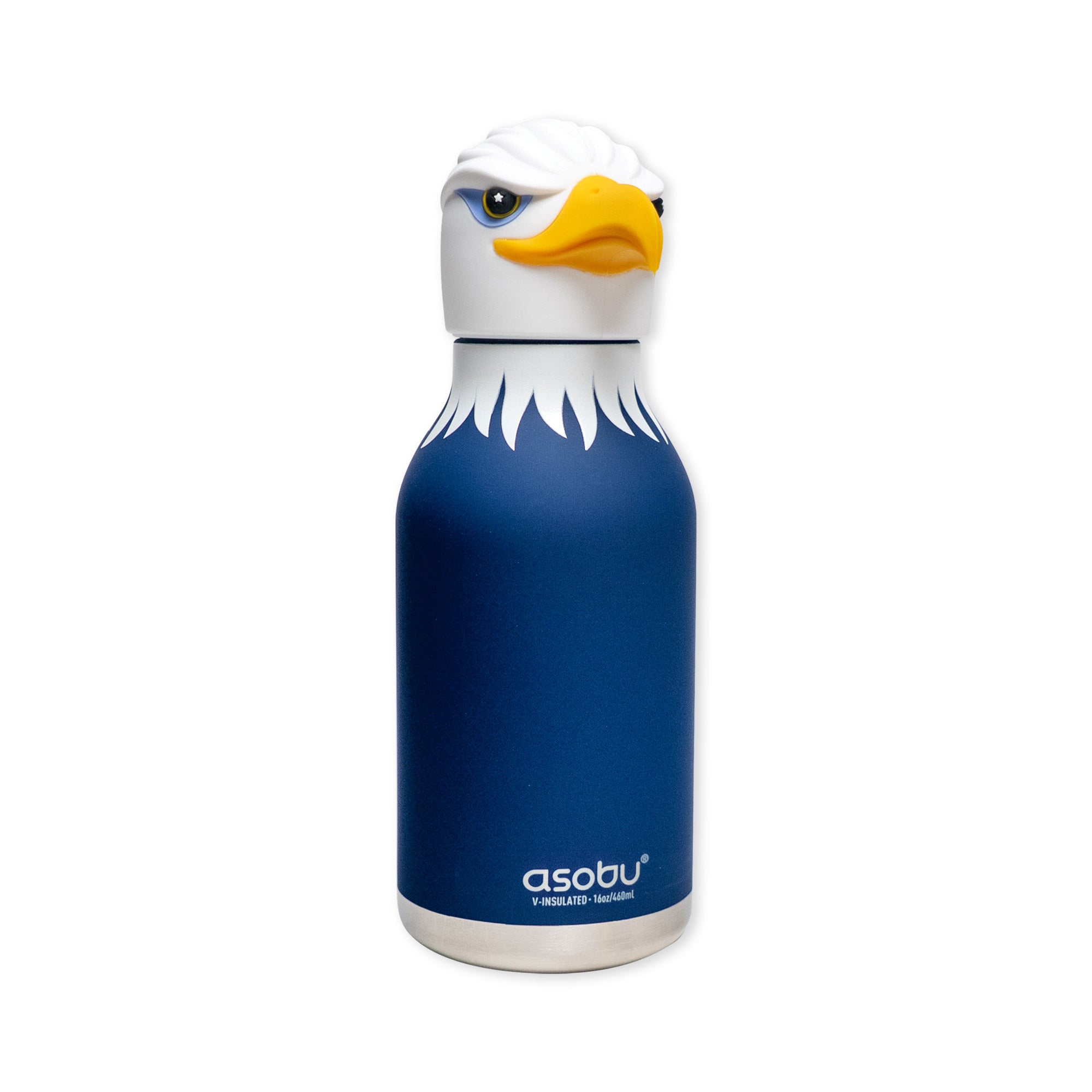 Introducing the Eagle Water Bottle—a stainless steel, double-wall vacuum insulated bottle in blue. Its cap is designed to resemble a bald eagle's head, complete with a yellow beak and white feathers. The asobu brand name appears near the bottom of the bottle.