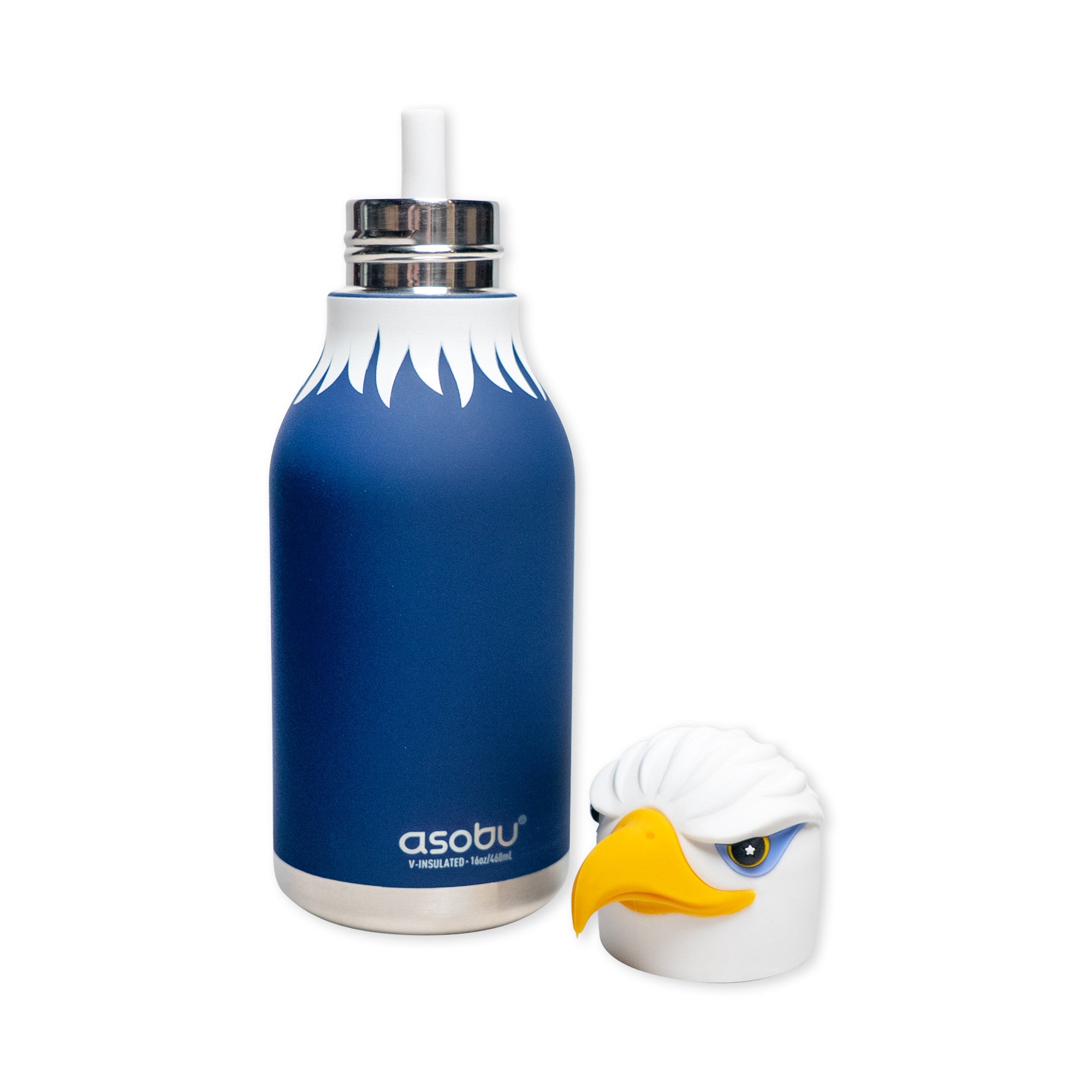 Presenting the Eagle Water Bottle: a blue stainless steel bottle with double-wall vacuum insulation to keep your drinks at the perfect temperature. It comes with a white straw and a detachable cap designed as an eagle’s head, complete with a yellow beak and fierce expression, which is positioned beside the bottle.