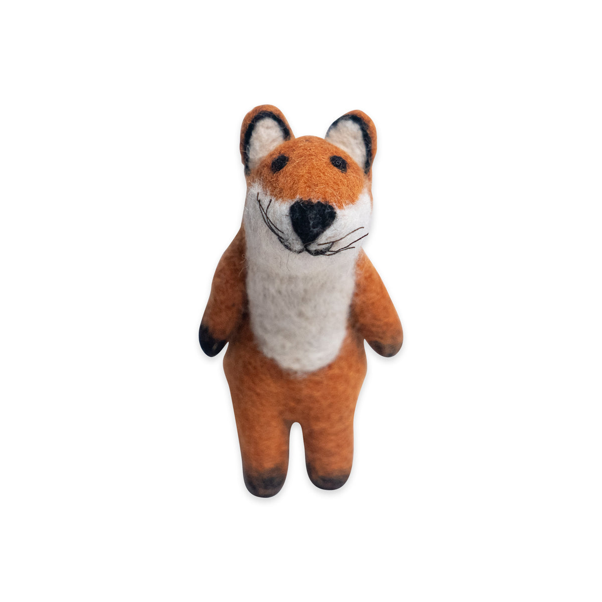 Fox Finger Puppet with a white chest, black ear tips, and a felted wool texture.