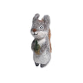 A gray felted wool Squirrel Finger Puppet holding a green acorn.