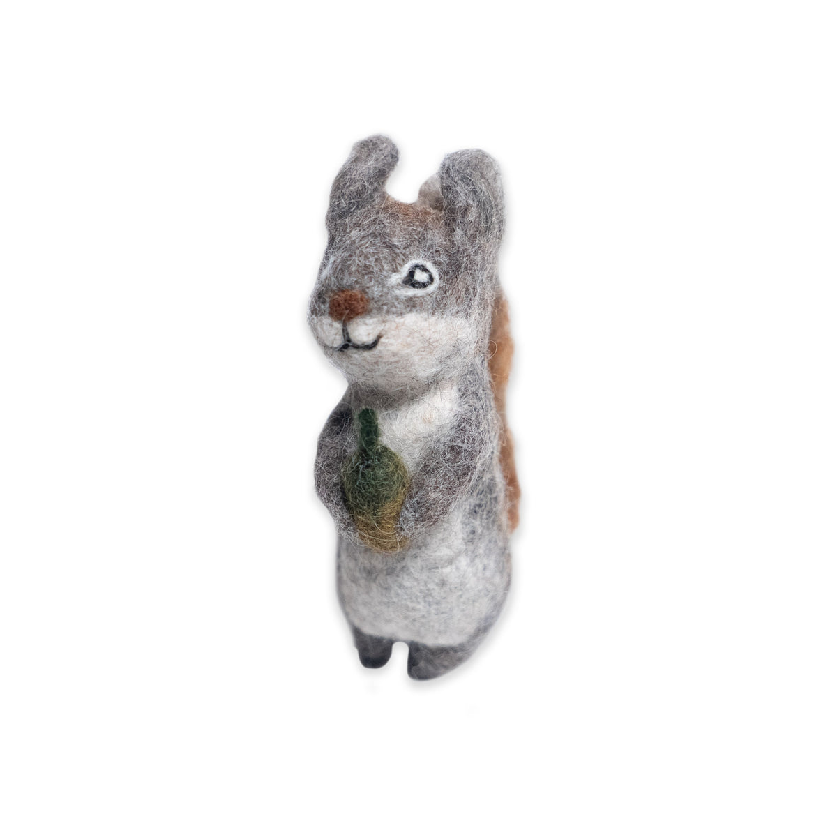 A gray felted wool Squirrel Finger Puppet holding a green acorn.