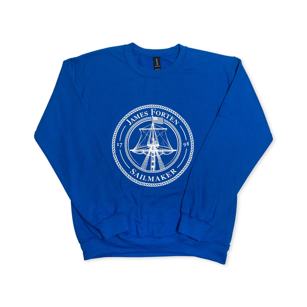 The James Forten Crewneck Sweatshirt is a blue pullover featuring a white circular logo with a ship and the text “James Forten Sailmaker 1798” on the front center, honoring African American entrepreneur James Forten and his historic sailmaking business.