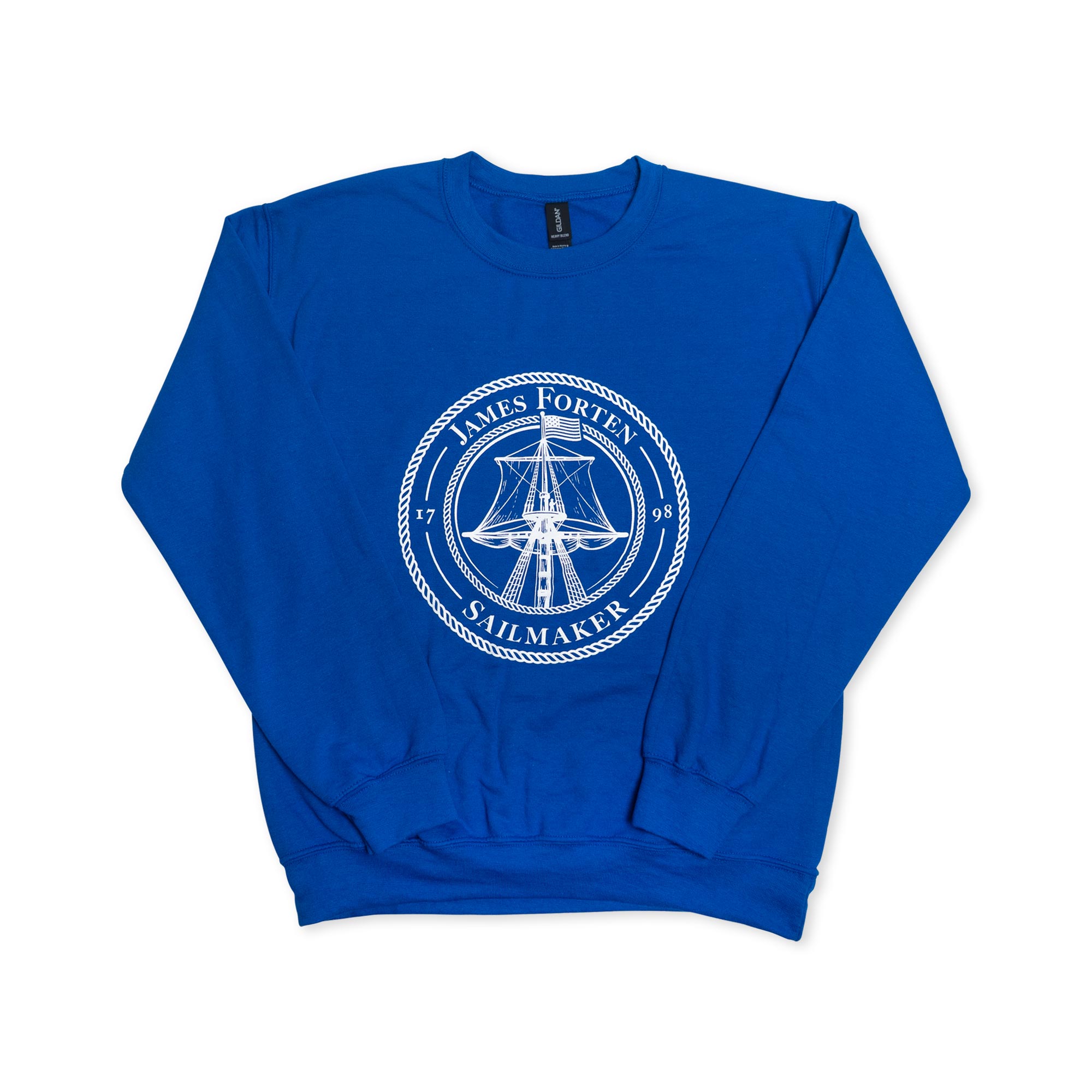 The James Forten Crewneck Sweatshirt is a blue pullover featuring a white circular logo with a ship and the text “James Forten Sailmaker 1798” on the front center, honoring African American entrepreneur James Forten and his historic sailmaking business.