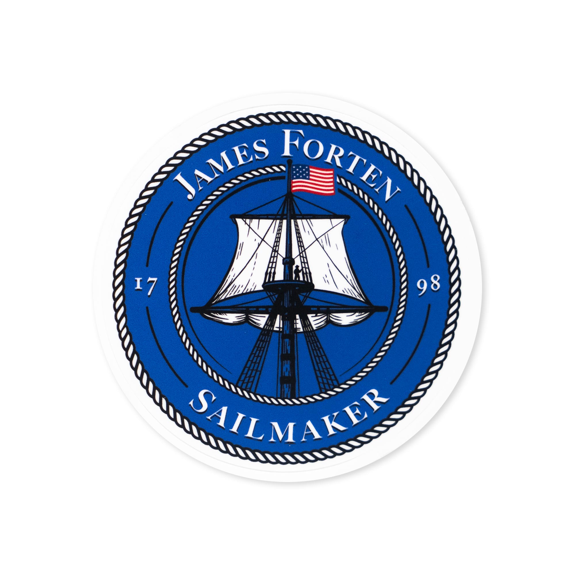 The James Forten Sailmaker Sticker displays a circular blue and white logo of African American sailmaker James Forten’s mast and sails, an American flag above, rope border, "James Forten Sailmaker" text, and 1798 split on each side.