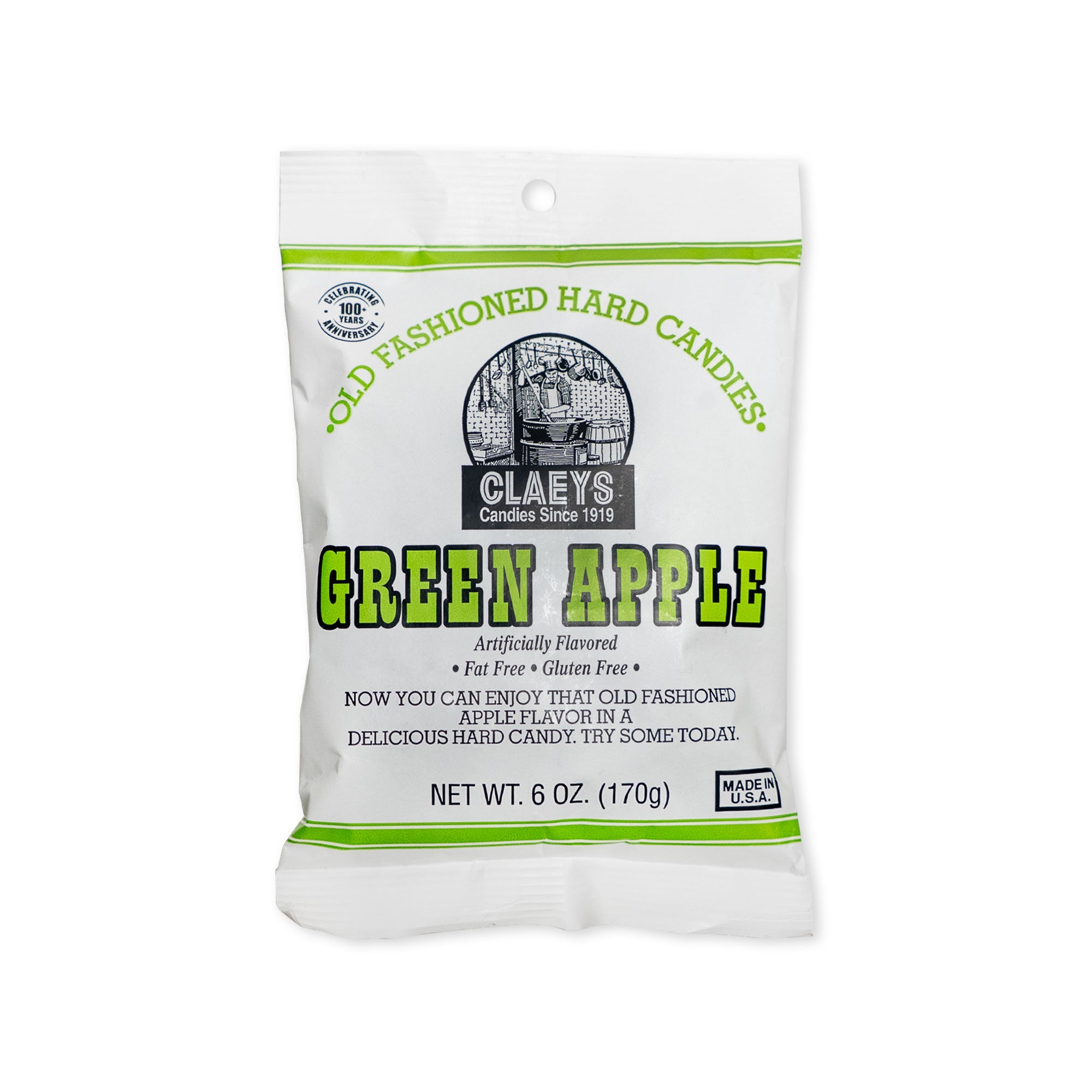 A white bag of Green Apple Old Fashioned Hard Candies features these classic treats, clearly labeled Green Apple. The packaging emphasizes that this old fashioned candy is fat-free, gluten-free, and artificially flavored. With a net weight of 6 oz (170g), it's a delightful option for fans of American History Candy.