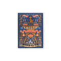 Hamilton Playing Cards—a box of premium Broadway musical merchandise—features an ornate gold, blue, and red decorative design with a striking silhouette and “Hamilton Playing Cards” text on the front, making it a must-have collectible for any fan.