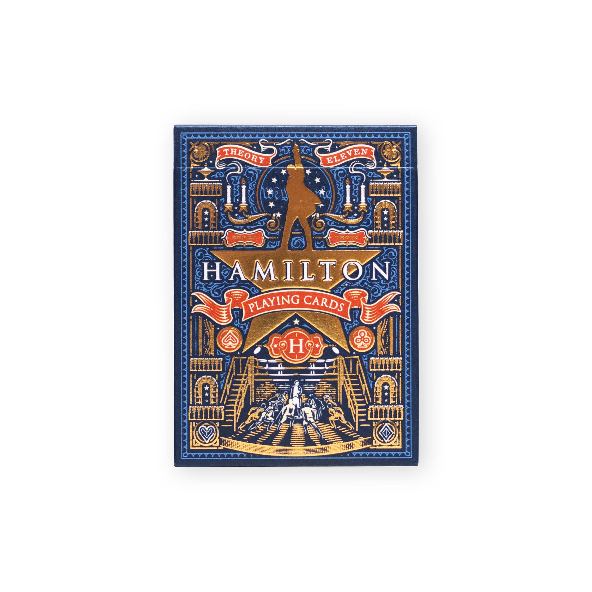 Hamilton Playing Cards—a box of premium Broadway musical merchandise—features an ornate gold, blue, and red decorative design with a striking silhouette and “Hamilton Playing Cards” text on the front, making it a must-have collectible for any fan.
