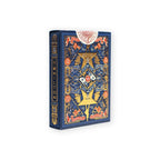 Introducing the Hamilton Playing Cards—a premium deck presented in a decorative blue and gold box, adorned with intricate patterns, star motifs, and the word "HAMILTON" on the spine. Inspired by the hit musical Hamilton, these collectible playing cards are an essential addition to any Broadway fan or collector’s merchandise collection.