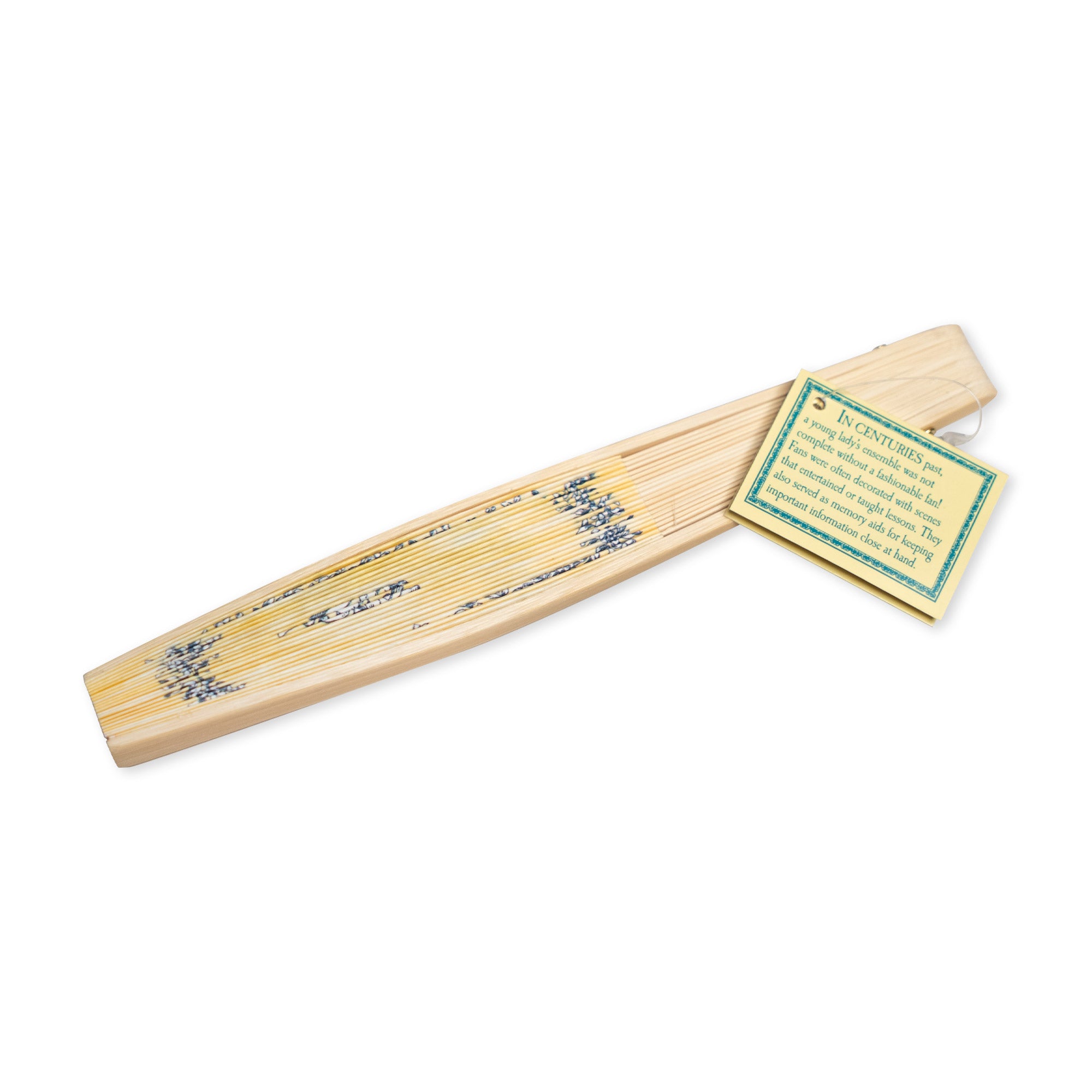A partially closed Moral Compass Fan, featuring blue designs and an attached tag that highlights its historical elegance as a cherished decorative accessory.