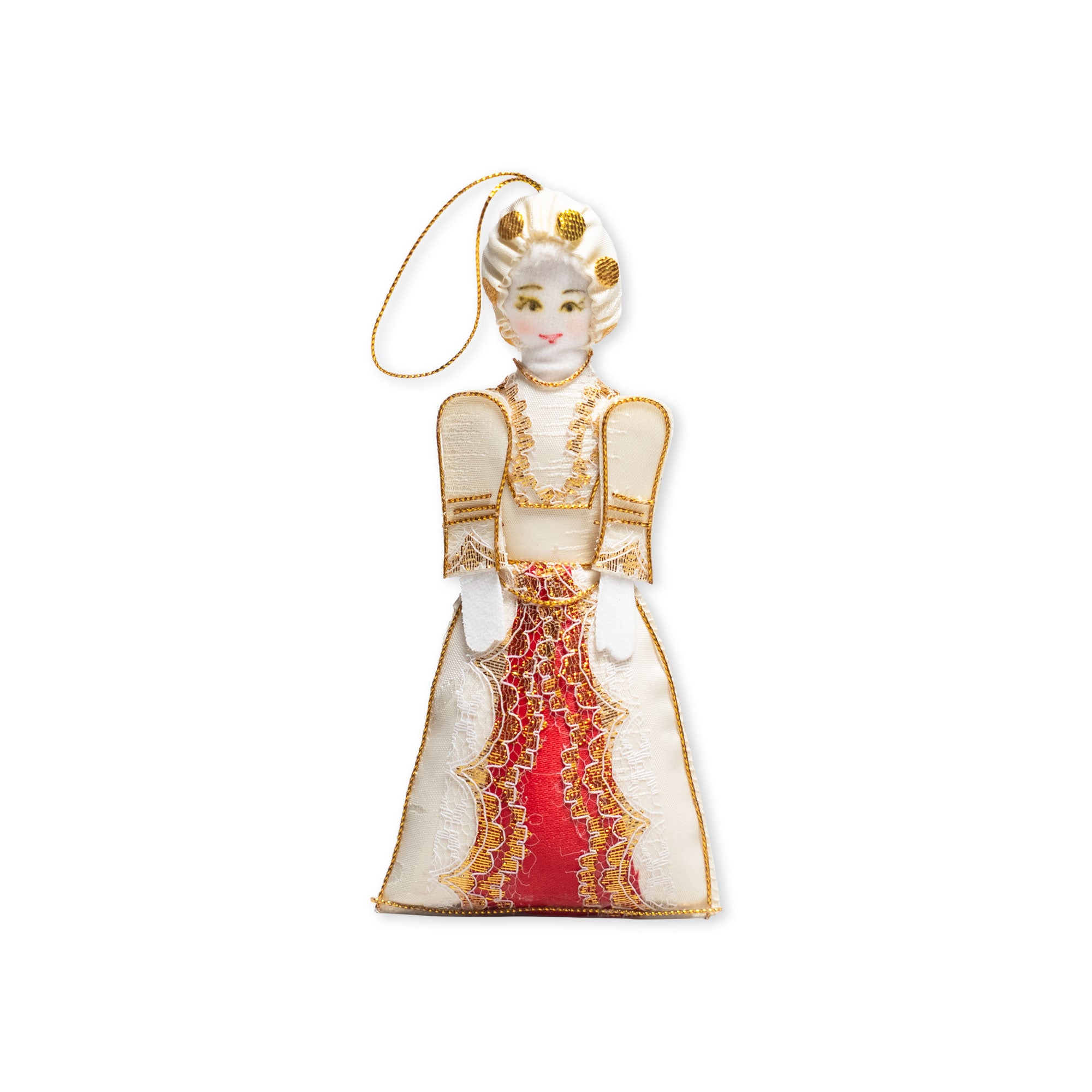 Introducing the Martha Washington Ornament—a decorative felt doll adorned in a white and red dress with gold trim, white gloves, and a gold string loop for hanging. This charming ornament makes a perfect historical decoration or unique addition to your collection.