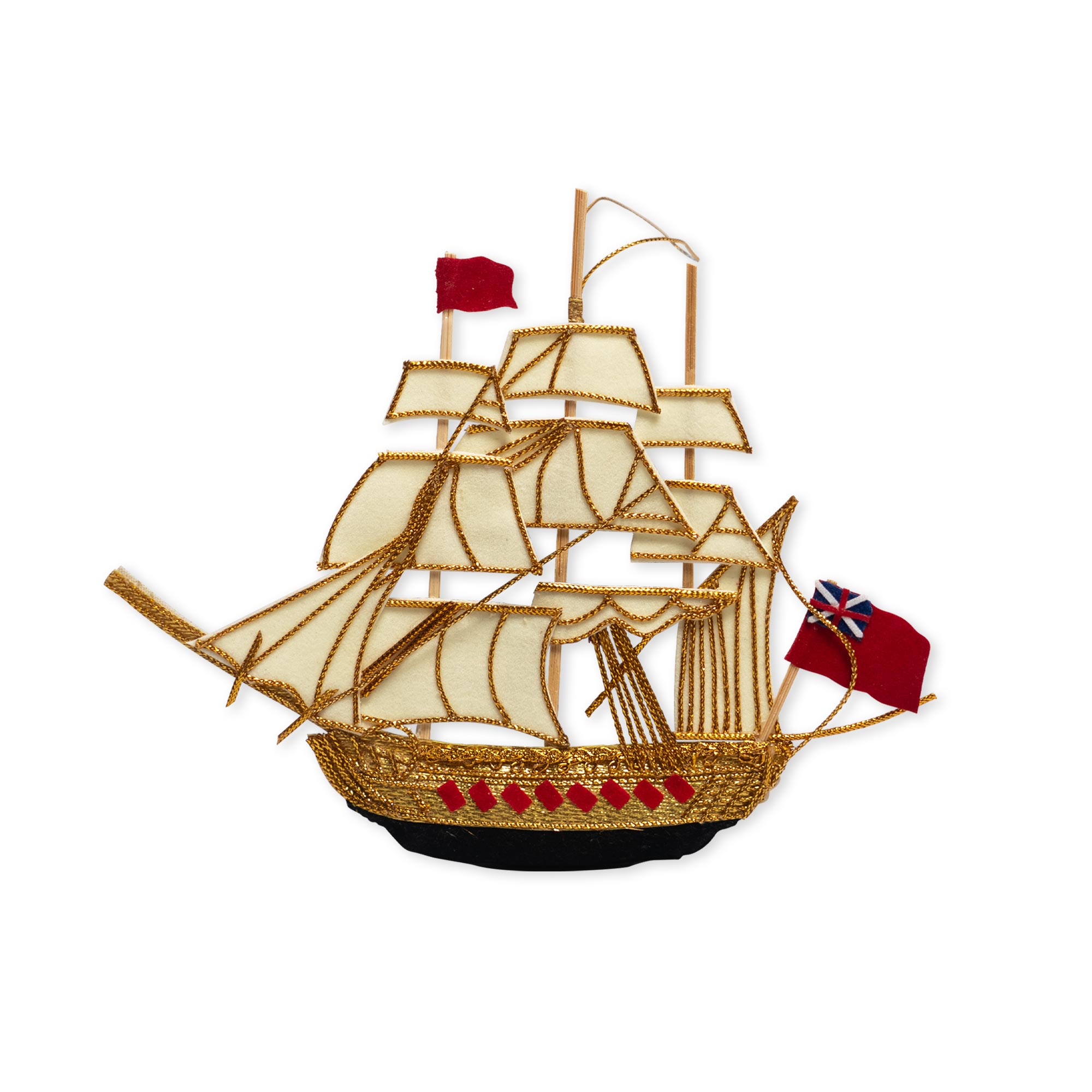 Introducing the HMS Victory Ornament: a handcrafted embroidered patch depicting a majestic sailing ship with white sails, intricate gold detailing, vivid red flags, and a British flag at the stern—this exquisite piece perfectly captures the elegance and detail of a true naval icon.