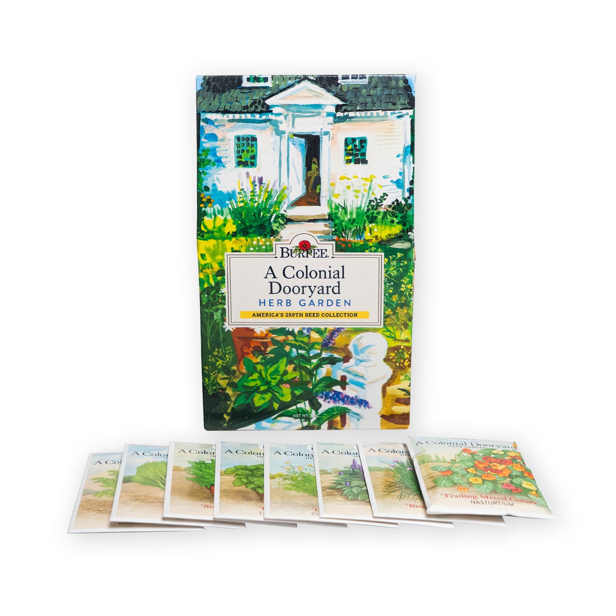 A Colonial Dooryard Herb Garden features a vibrant box with an illustration of a historic house and lush garden, holding seven heirloom herb seed packets displayed at the front.