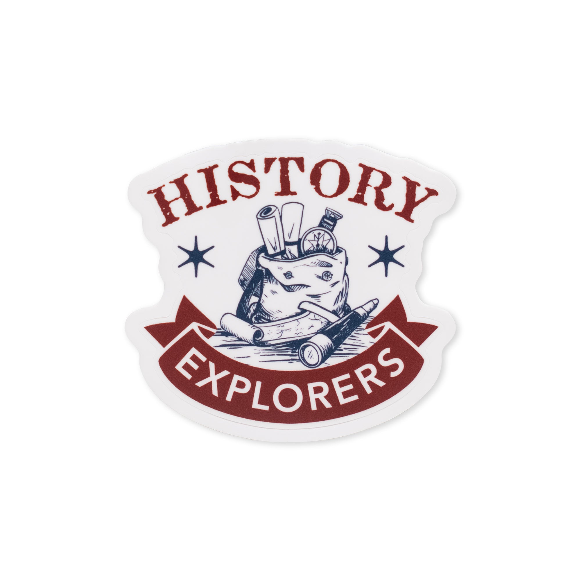 Introducing the History Explorers Sticker—a durable vinyl sticker showcasing the bold "History Explorers" text, vibrant stars, and an illustration of a bag stuffed with scrolls, a compass, and a magnifying glass. This sticker is ideal for American history enthusiasts and adventurers.