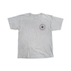 Gray History Explorers T-Shirt, Youth, featuring a small logo on the left chest with a dark blue six-pointed star encircled by the text Museum of the American Revolution.