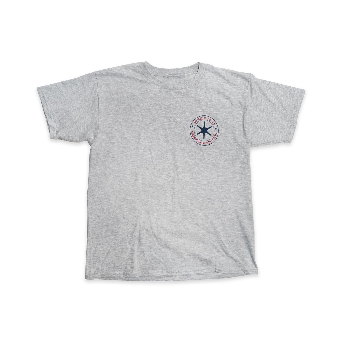 Gray History Explorers T-Shirt, Youth, featuring a small logo on the left chest with a dark blue six-pointed star encircled by the text Museum of the American Revolution.