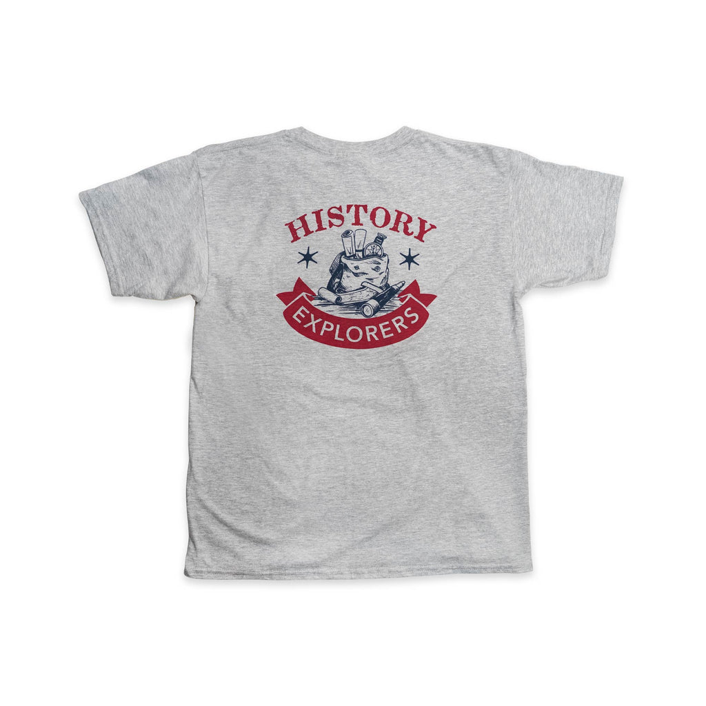 Gray History Explorers T-Shirt, Youth, featuring an American history graphic of a satchel filled with rolled documents and a compass, with the text HISTORY EXPLORERS on a ribbon banner.