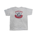 Gray History Explorers T-Shirt, Youth, featuring an American history graphic of a satchel filled with rolled documents and a compass, with the text HISTORY EXPLORERS on a ribbon banner.